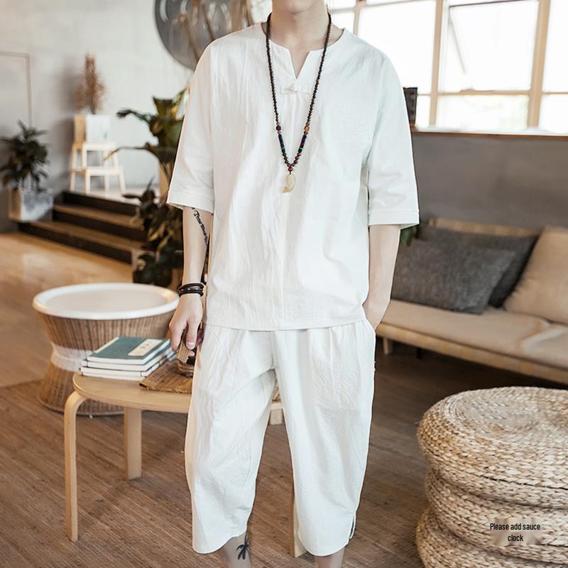 Men's Chinese Linen Pajama Set: Short Sleeve Hanfu Top with Frog Buttons and Cotton Linen Capri Pants In Trendy Loose Fit