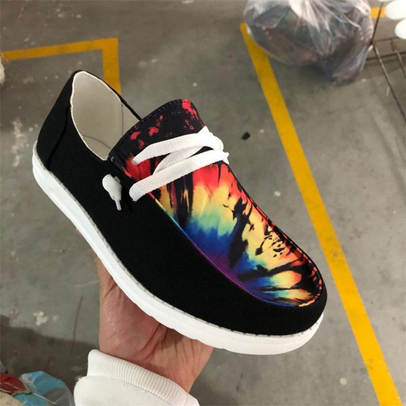 Spring new color matching four-season flat-bottomed lace-up single shoes women's round head canvas low-top large-size sequined casual shoes