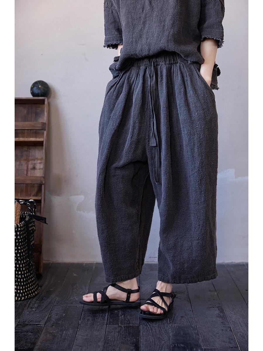 Women s Linen Elastic Waist Casual Carrot Pants in Grey-Black Medium