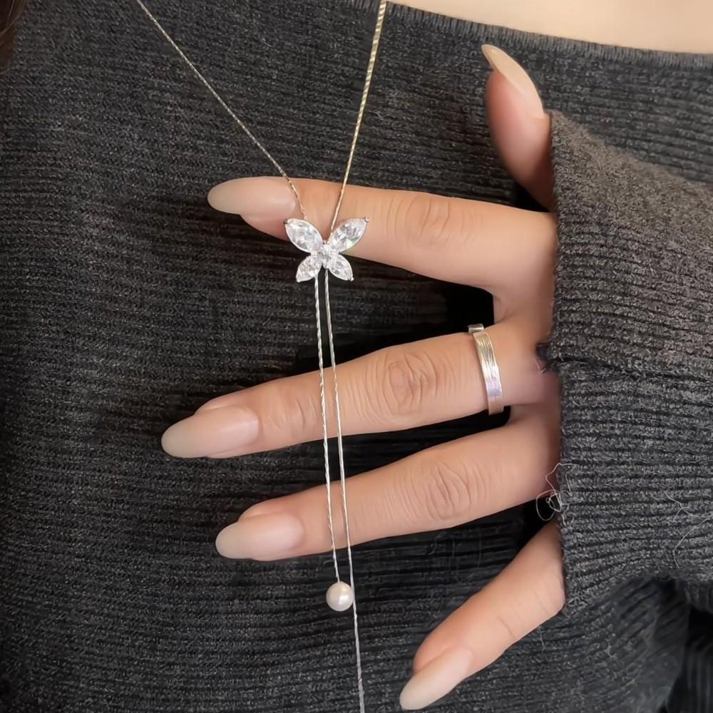 Flower Butterfly Necklace Metal Chain Tassel Collarbone Chain Simple Pearl Choker  Women