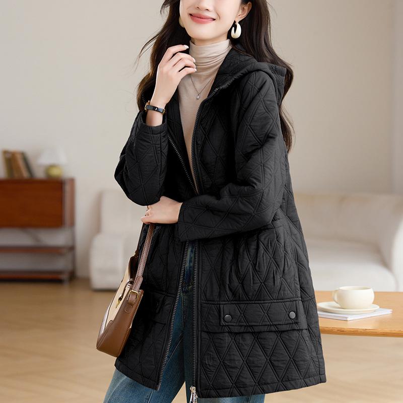 2024 Women's Mid-Length Hooded Cotton Coat: Stylish Autumn/Winter Fashion for Middle-Aged and Elderly