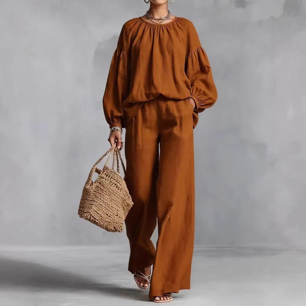 Women's Color Crewneck Long Sleeve Loose Fit Sleeve Two-Piece Set