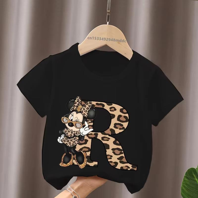 Mouse Leopard Letter A B C Name Print Unisex Women Tops Kids Tshirt Clothes Black Short Sleeve Black T Shirt