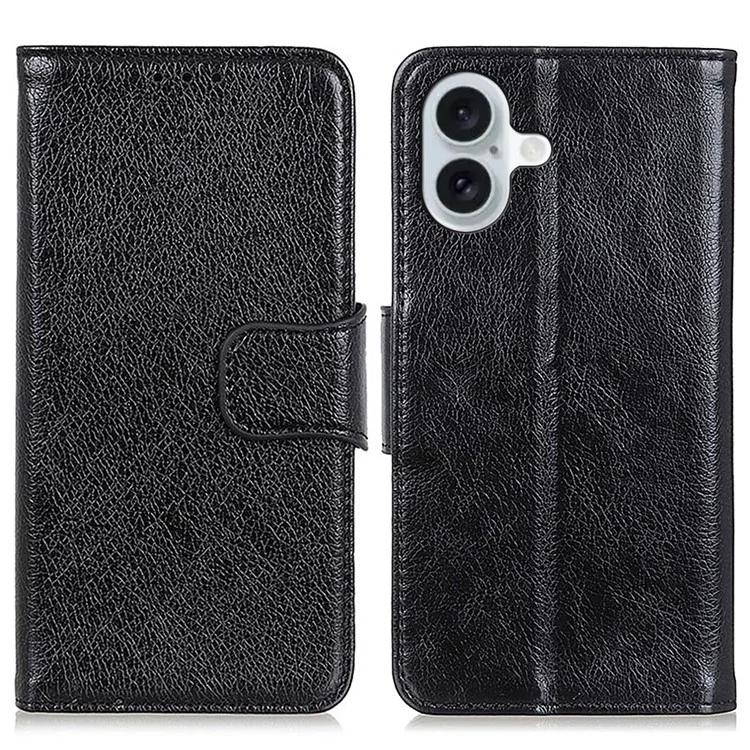 

For iPhone 16 Case Nappa Texture Wallet Stand Split Leather Phone Cover - Black