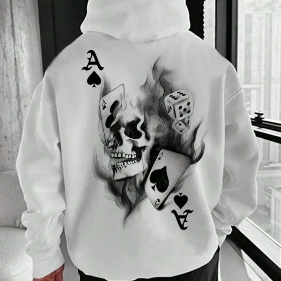 Men's Street Style Fleece Loose Size Comfortable Skulls&Poker Cards Print Casual Sports Round Neck Short Sleeve Hoodies