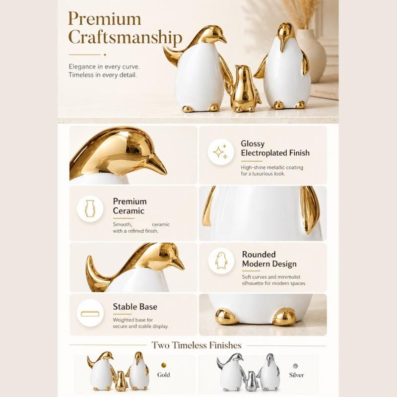 Elegant Ceramic Penguins Family Ornament 3Pcs Animal Sculpture Set Modern Home Office Decors