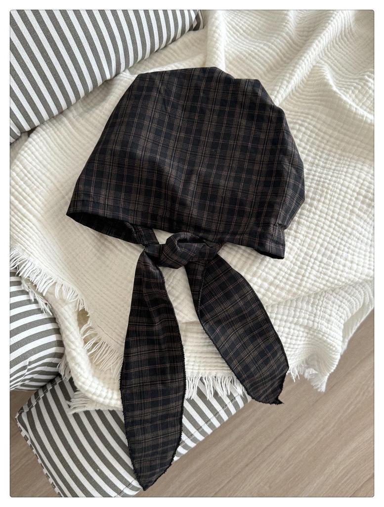 Japanese Plaid Tie-Up Headband Beanie for Women: Spring/Summer Fashionable Versatile Design