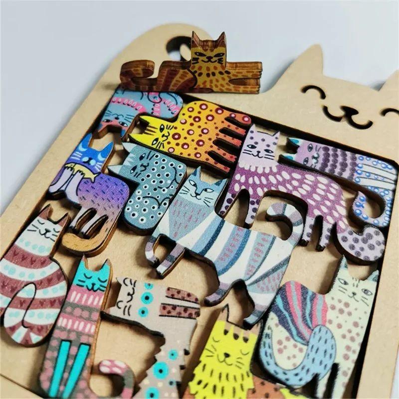 Colorful 13 Cute Cat Puzzle Wooden Irregular Panel Cartoon Animal Cat Tangram High Difficulty Puzzle Children's Toy Gift