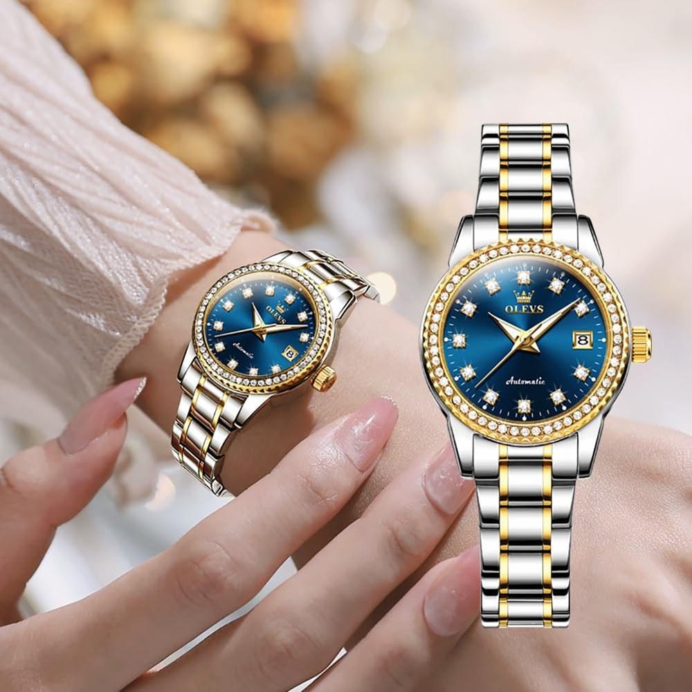 OLEVS Ladies Automatic Mechanical Watch Waterproof Luminous Diamond Sparkling Blue Wristwatch with Date