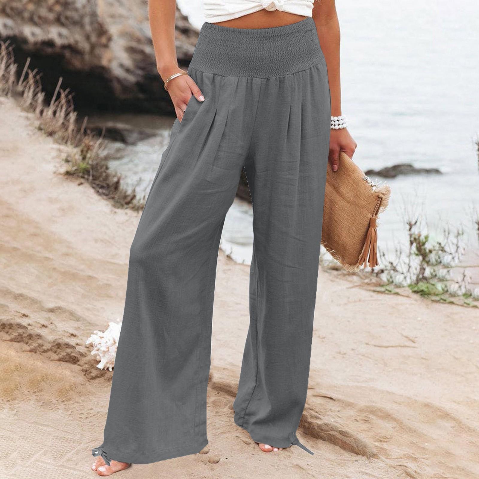 

Женские повседневные свободные хлопковые льняные брюки с 9 брюками и широкими штанинами с карманами L серый