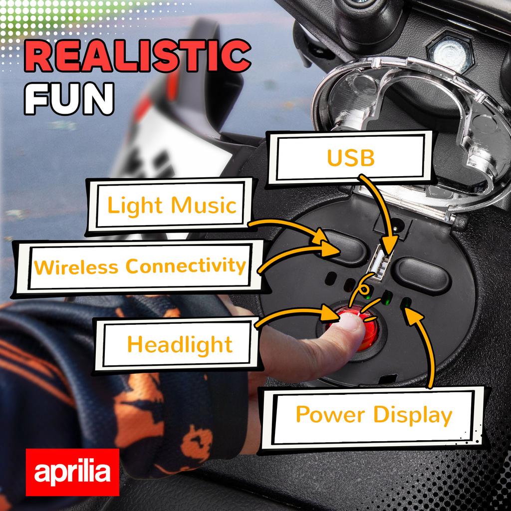 Eğitim Tekerlekli, Yaylı Süspansiyonlu, LED Farlı, USB'li, Müzikli, Kırmızı/Siyah 12V Aprilia Lisanslı Çocuk Motosikleti