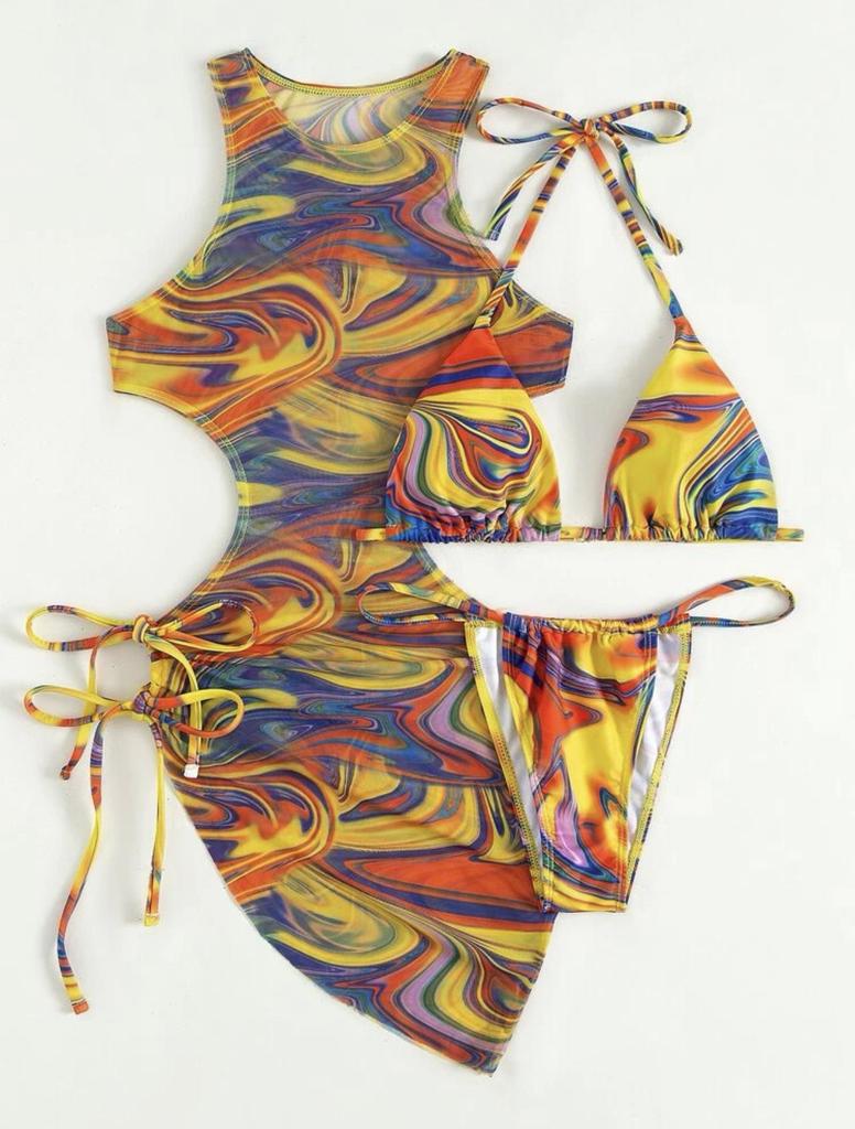 2025 Euro-American Lace-Up Cutout Bikini Three-Piece Swimsuit Set