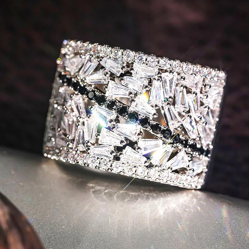 Unique Design Women Rings One Line Black CZ Full Geometric Crystal Cubic Zirconia Cocktail Rings Luxury Party Jewelry