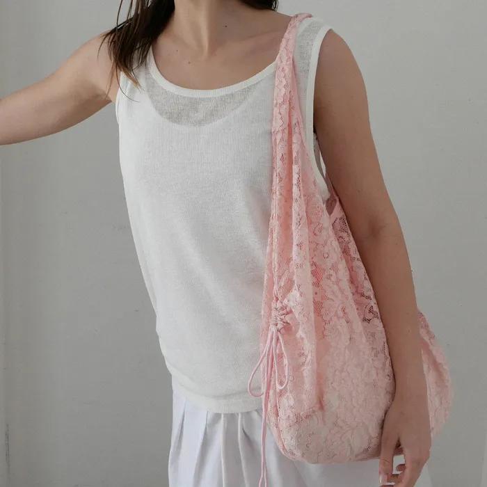 Floral Lace Shirring Shoulder Bag_Pink