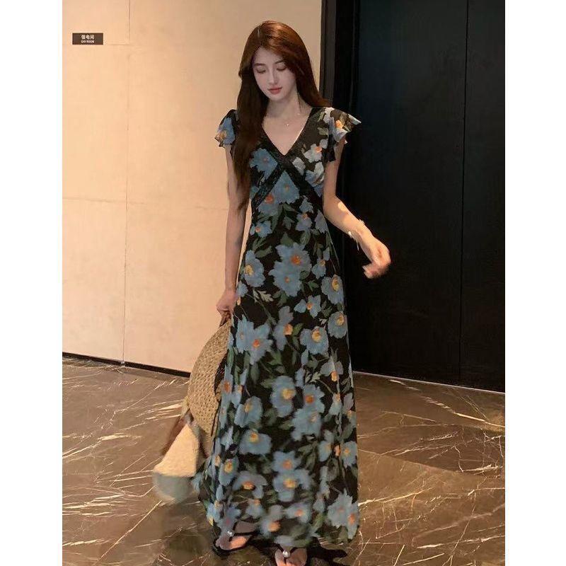 Summer new French holiday style V-neck lotus leaf sleeve splicing high waist versatile long dress printed floral dress women