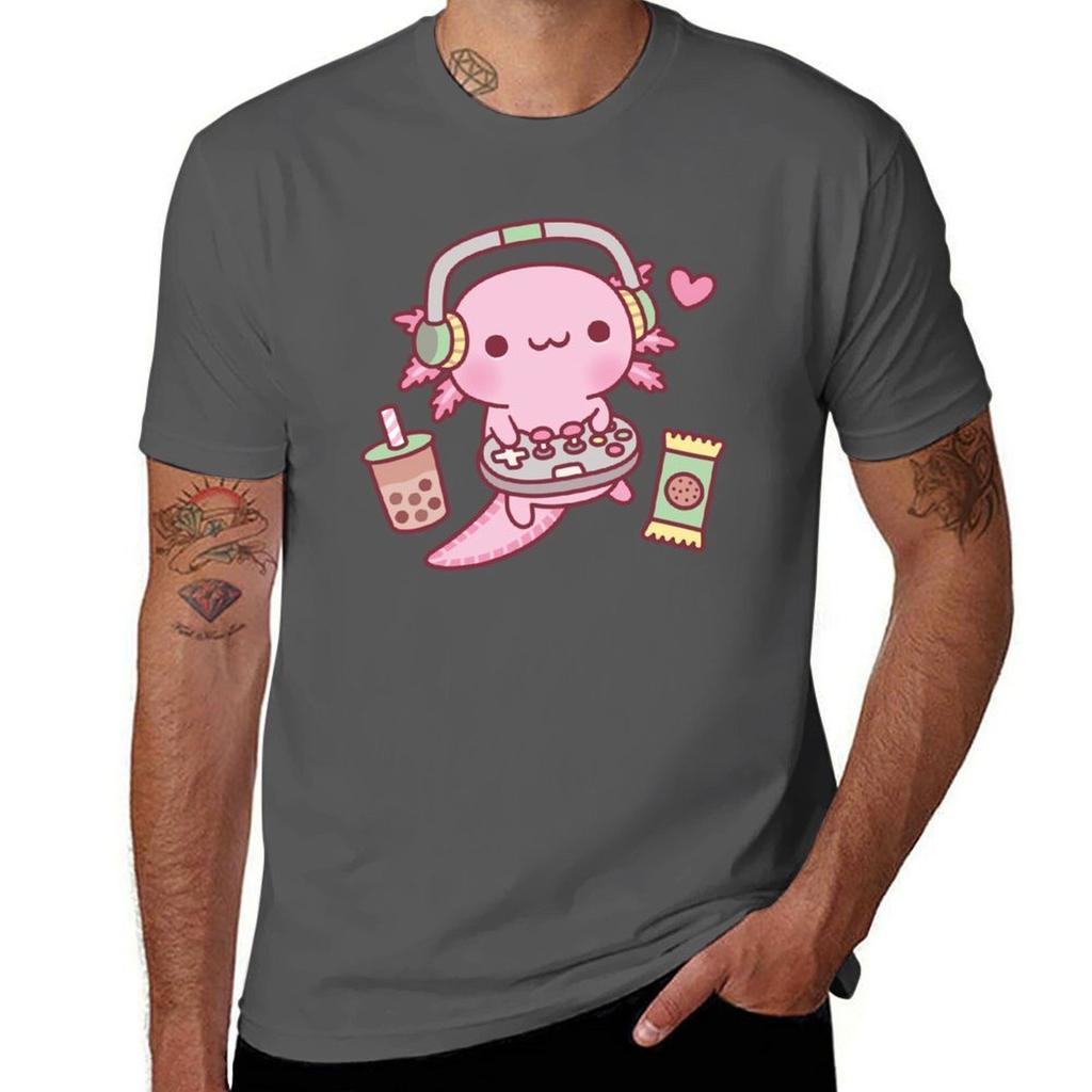 Cute Axolotl Loves Playing Video Games Funny Tshirt Work Casual Loose Fit Tshirt