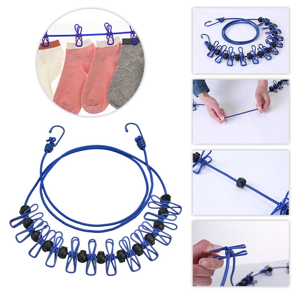 Adjustable Retractable Airer Windproof Rope with 12 Clip Stretch Clothesline Elastic Clothesline Travel Washing Line