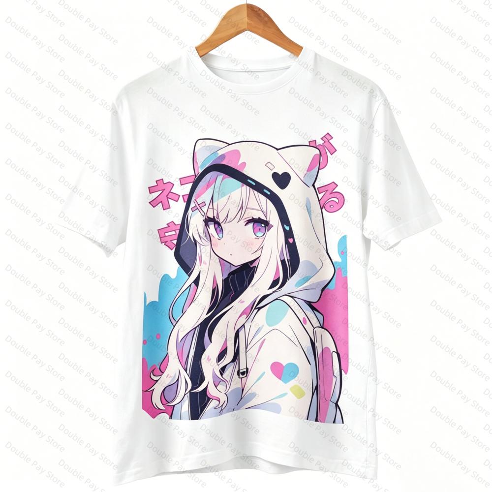 Cute Neko Girl Print Women T Shirt Harajuku Aesthetic Short Sleeve Tee Unisex Casual Streetwear Unisexs Tops 2026 Summer Hot Sale S