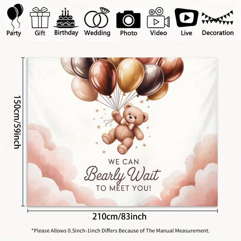 2D Neutral Teddy Bear Baby Shower Backdrop Pink Clouds & Balloons Photo Booth Background
