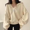 Women Loose Fashion Drop Shoulder Hooded Sweatshirt Top Large Size Solid Color Patch