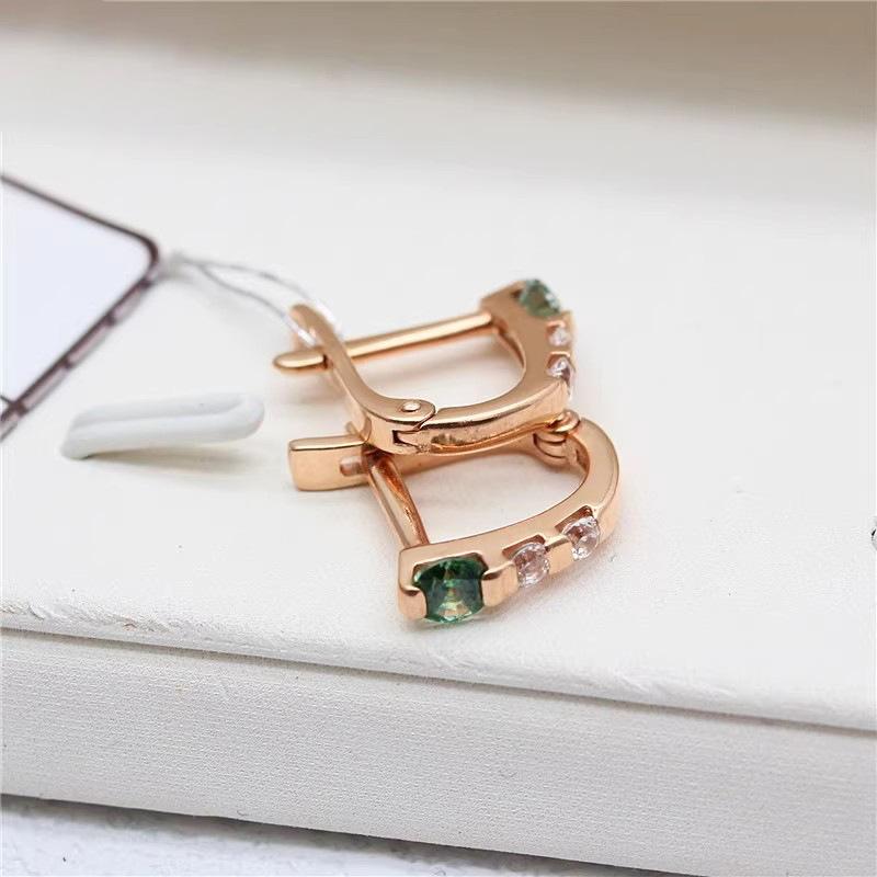 Exquisite Russian Purple Gold Emerald Ear Buckle Sweet Small Rose Gold Plated Round Green Zircon Earrings Jewelry