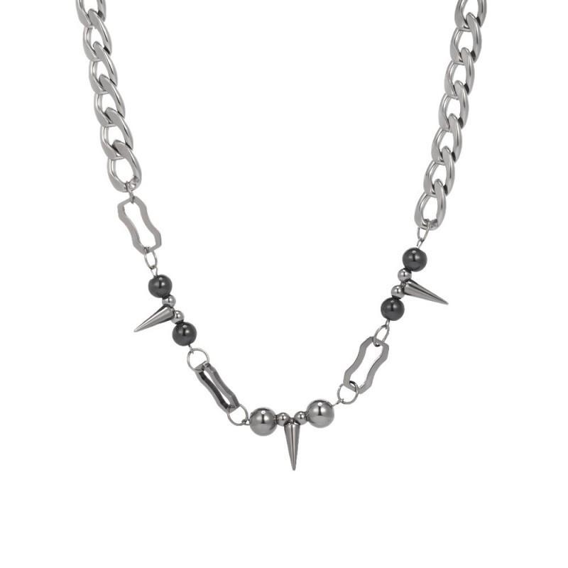 Titanium Steel Rivet Geometric Pendant Necklace Men Women Punk Hip Hop Style O-Link Chain 41-50cm Adjustable Length