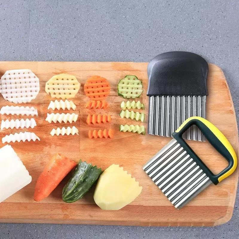 Potato Chip Slicer Stainless Steel Slicer Dough Vegetable Fruit Crinkle Wavy Slicer Knife Potato Cutter Chopper Kitchen Tools