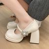 Lolita Shoes Women Japanese Mary Jane Heeled Shoes Women Retro Pearl Bow Ankle Strap High Heel Platform Shoes Chaussure Femme