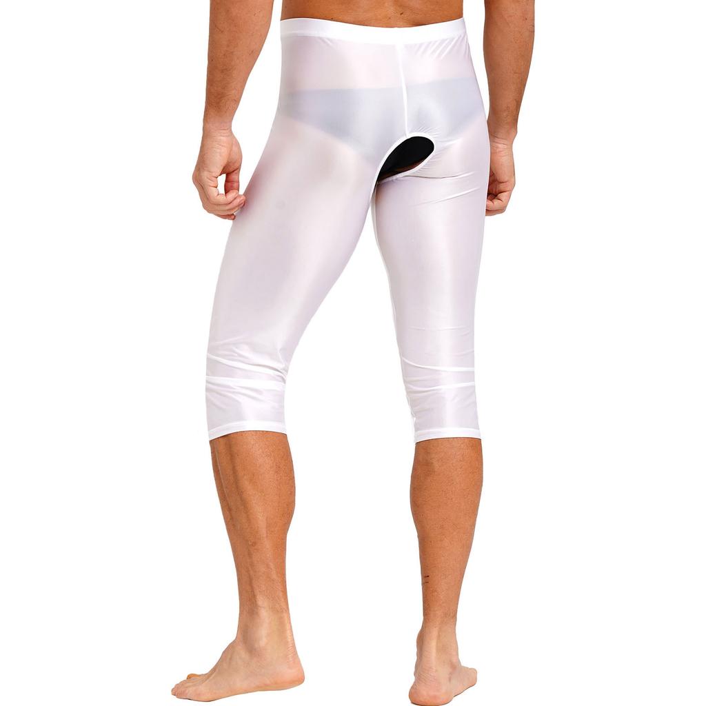 Mens Glossy Open Crotch Shorts Stretchy Elastic Waistband Slim-Fit Leggings Smooth Fabric for Gym Club Outfits