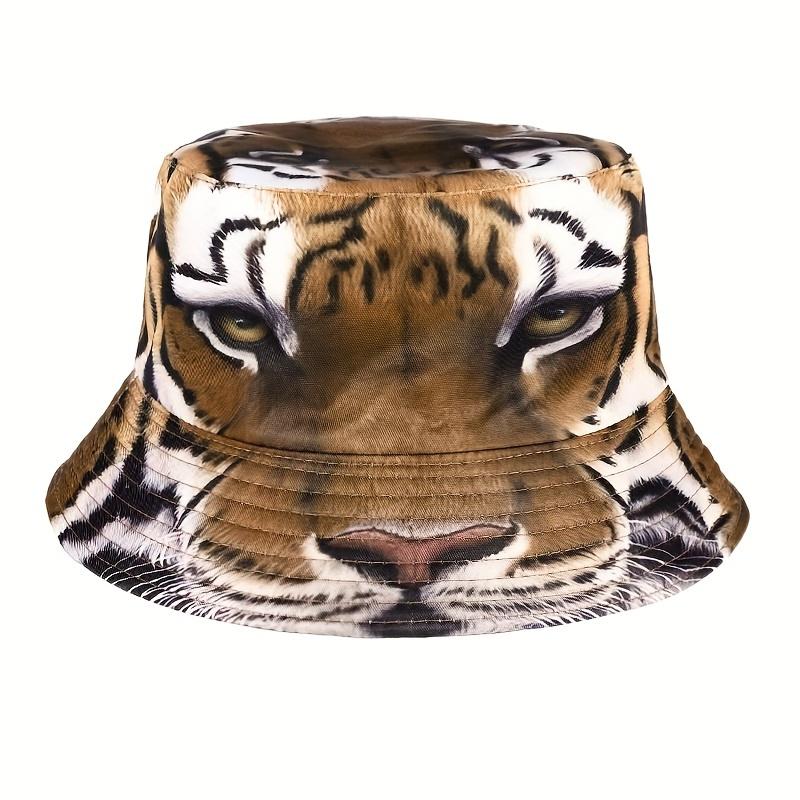 A Stylish Lightweight Fisherman'S Hat Featuring a Full Tiger Pattern Perfect for Outdoor Sun Protection