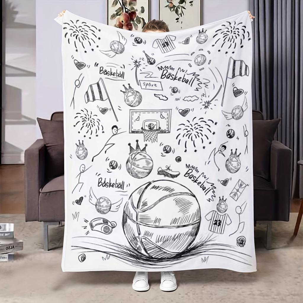 Modern Basketball Themed Throw Blanket - Unique Printed Polyester Fabric, Comfortable All-Season Flannel, Plush Bedding for Sports Enthusiast Decor, I