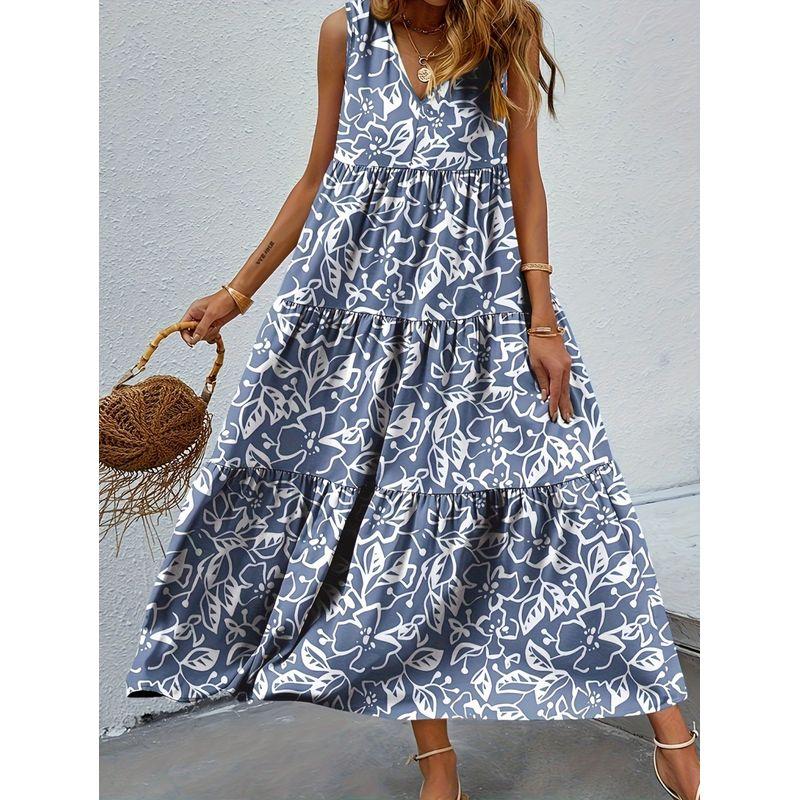 

European American Summer New Retro Printed V-neck Loose A- line Slimming Sleeveless Vest Dress Long Dress for Women Dress Blue M