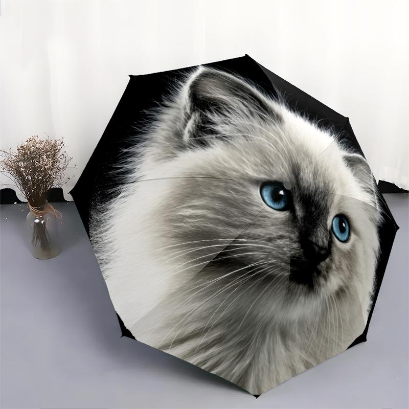 Black Kitten Pattern, Automatic Folding Umbrella, Portable and Foldable Design, 8 Ribs, a Christmas or Birthday Gift.