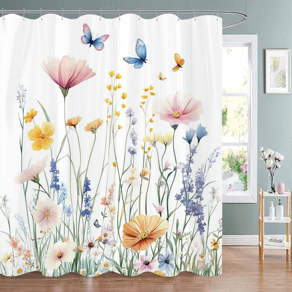 1pc Flowers Hummingbird Shower Curtain: Embrace the Artistic Design, Floral Bathroom Decorative Curtain, Home Curtain with Hooks