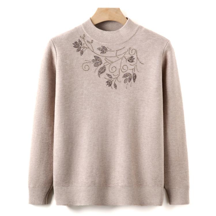 Mamas Herbst- und Winterkleidung plus Samt Strick-Unterhemd Mittleren Alters Damen Neuer Pullover Omas Halber Stehkragen Warmer Mantel