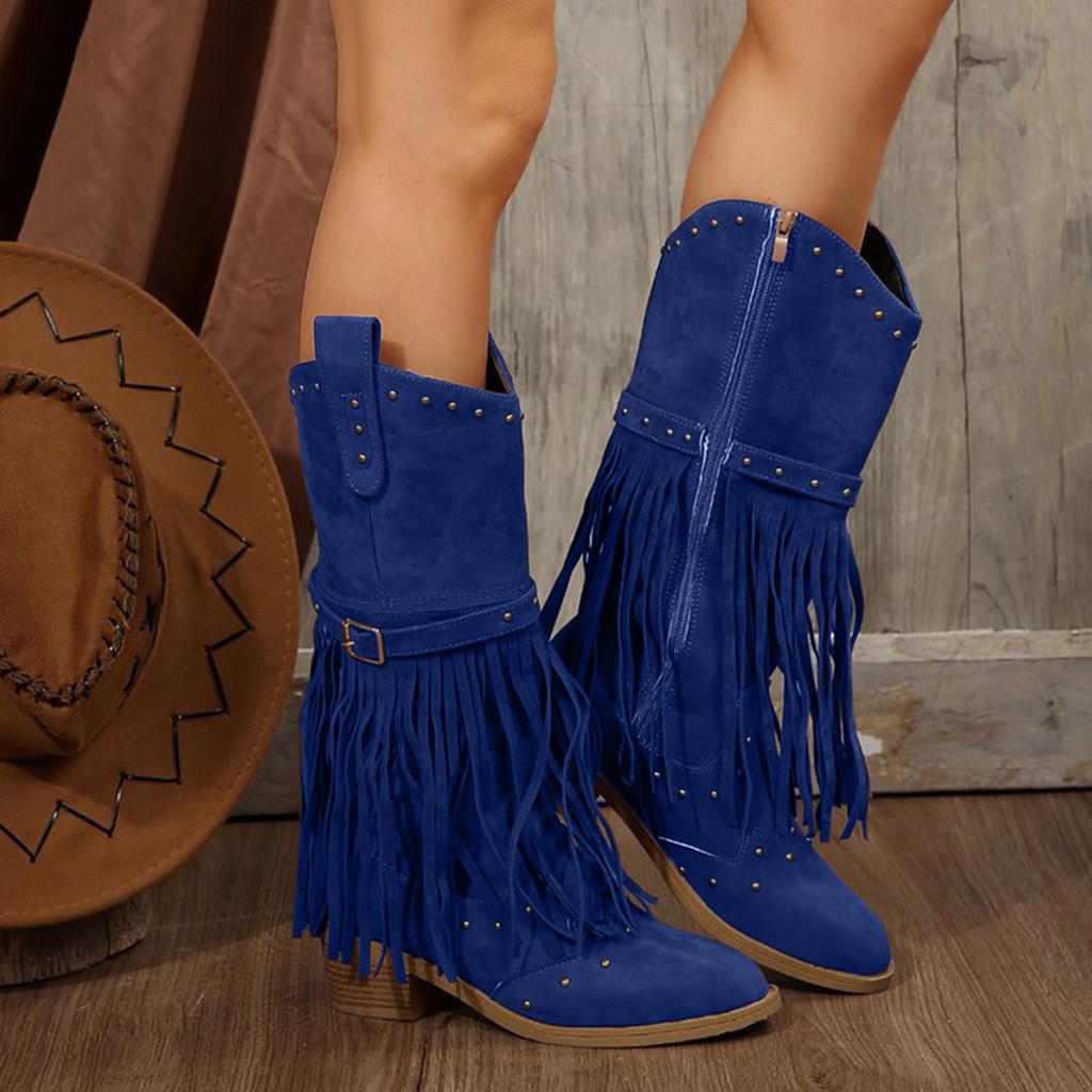 Cowboy Boots For Women Western Boot Pointed Toe Low Chunky Heel Tassel Decoration Booties Ladies Boots Women Wide Calf Rain