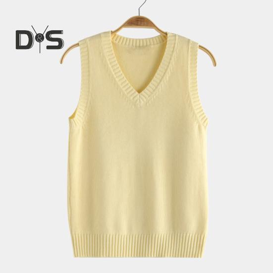 Dámská pletací vesta s výstřihem do V bez rukávů Žebrovaný lem Jednobarevné vestové topy podzimní zima úplety volného střihu