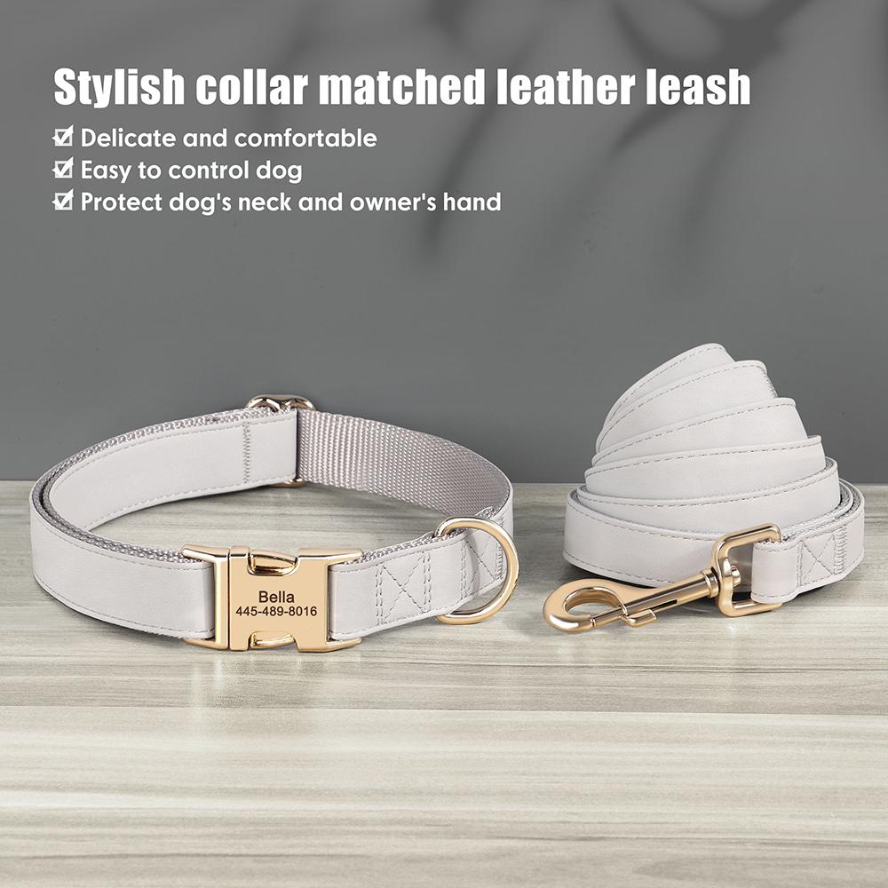 Custom Dog Collar Leash Set PU Leather Dog Collars Engraved Pet ID Necklace With Lead Rope Durable for Small Medium Large Dogs