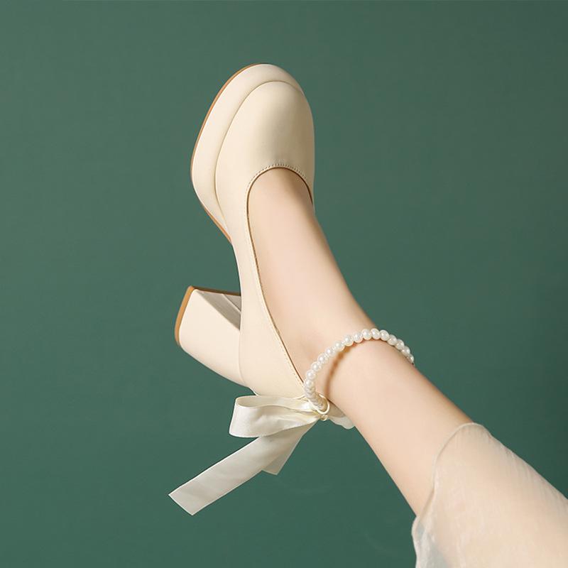 Soft Leather High Heels Women's Spring New Pearl French Thick Heel White Mary Jane Gentle Wind Light Mouth Single Shoes Women