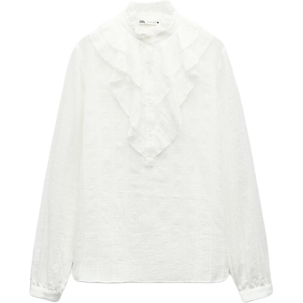 ZARA Women s White Ruffled Trim High Neck Long Sleeve Casual Blouse 5235241-712 M