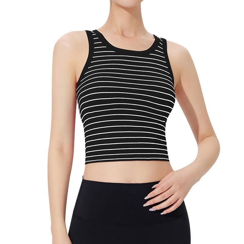 Women's Spring/Summer Slim Fit Striped Tank Top with Chest Pads - Round Neck Camisole Bra