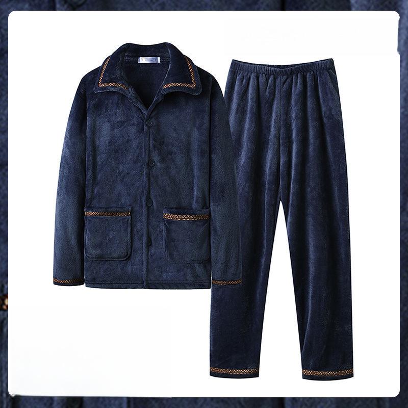 Men's Coral Fleece Velvet Pajamas Set - Thick, Warm, Long-Sleeved Flannel for Autumn and Winter