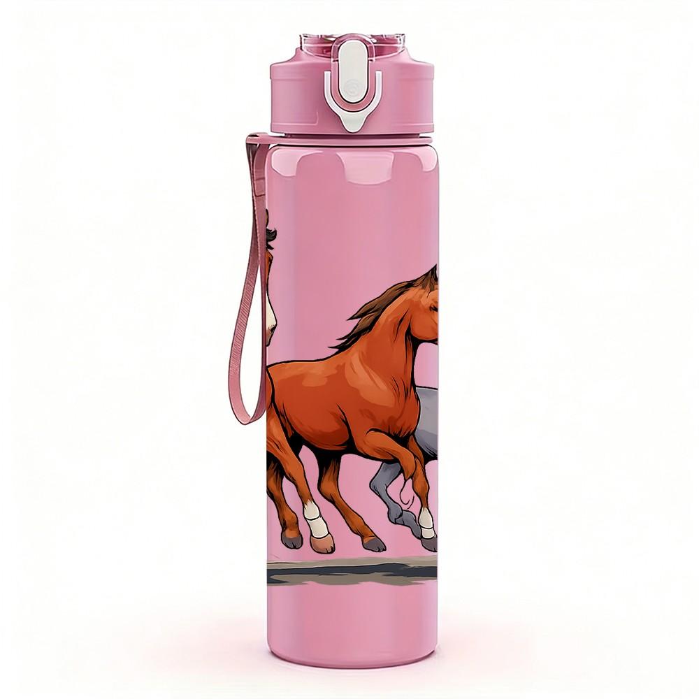 1PC Two Running Horse Print 750ml Color Plastic Sports Water Bottle Leakproof Flip Straw Lid Suitable for Sports Office Home Use