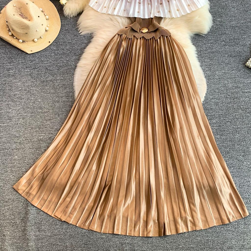 Elegant Gradient Shiny Pleated Dress Cape Shoulder Pearl Beads 3D Floral Applique Scalloped Waist Belt A Line Midi Dress