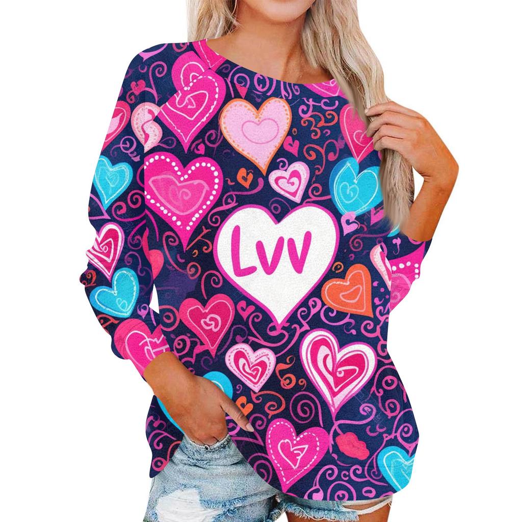 Damen Modisches Rundhals Schulter Langarm Valentinstag Bedrucktes Lässiges Pullover-Oberteil