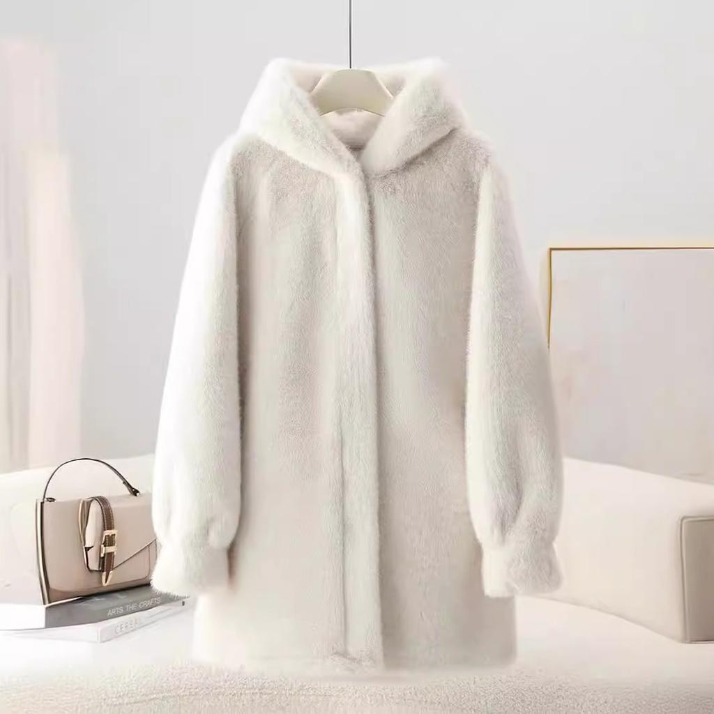 Fur-like One-piece Fur Coat for Women Imitation Mink Hooded Young Mid-length Outerwear