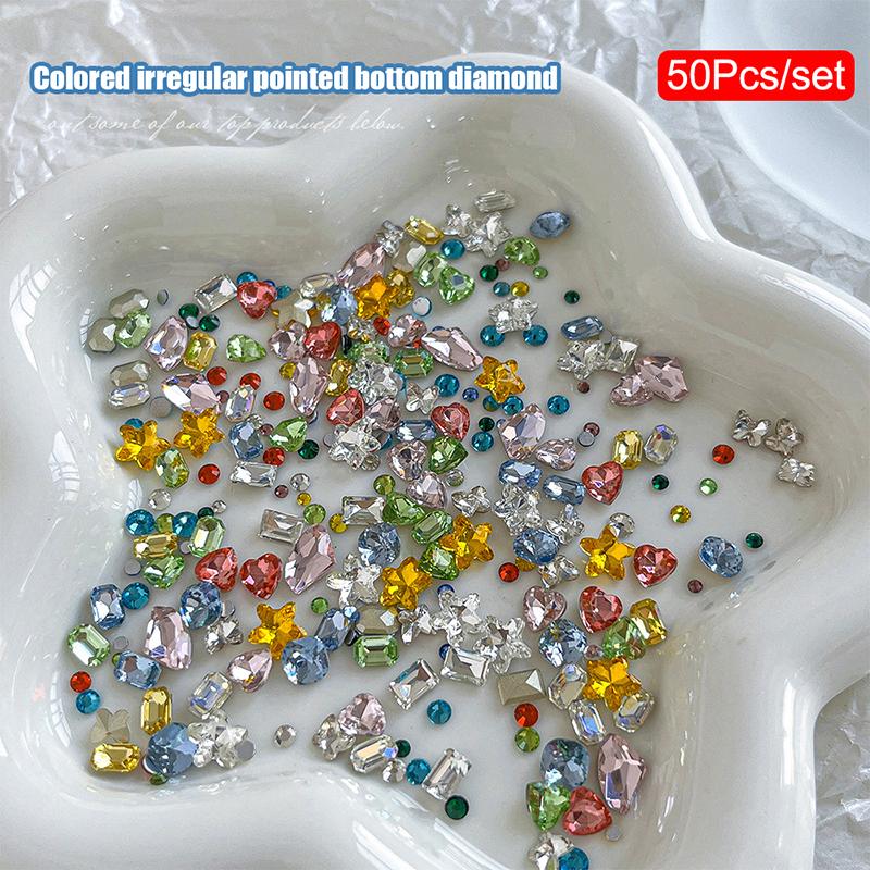 50Pcs  Nail Art Charm Special-Shaped Pointed-Bottom Colorful  Jewel For Face Clothes Shoes Decor Nail Supplies