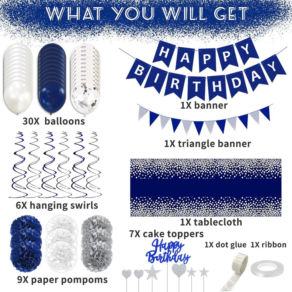 Navy Blue Silver Birthday Decorations for Men, Blue Birthday Party Supplies with Tablecloth Happy Birthday Banner Confetti Balloons Paper Pom Poms
