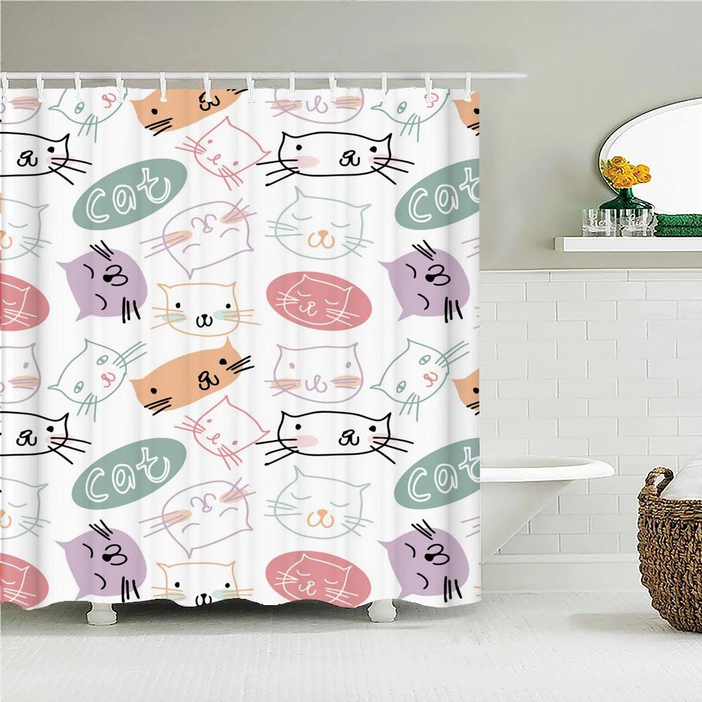 Cute Cat Shower Curtain Lovely Cartoon Funny Colorful Animal Pattern for Pet Kids Girls Fabric Bathroom Decor Curtains with Hook