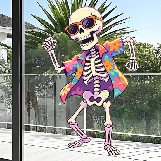 Dancing Skeleton Static Glass Sticker, Skeleton with Sunglasses And Floral Shirt Window Clings, Waterproof Window Decals for Bars Pubs Restaurants